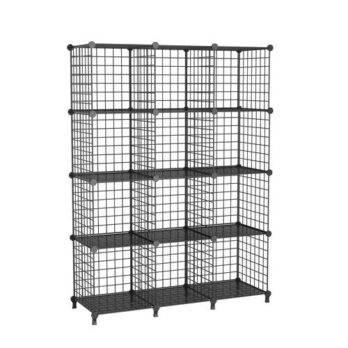 ATTDETJL 12-Cube Storage Organizer, Metal Wire Cube Shelving Unit, 11.8" L x 11.8" W x 11.8" H, Modular Grid Bookshelf for Closet, Bedroom, Office, Black ATTJL12B