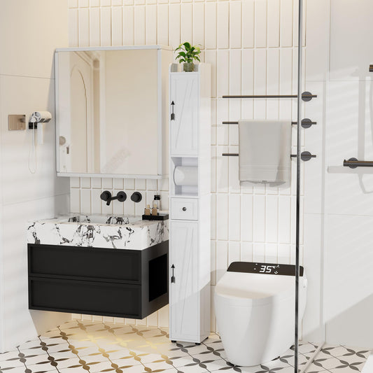 VECELO Narrow Bathroom Storage Cabinet, Tall Cabinet with Adjustable Shelves & Toilet Paper Holder & Drawer, Slim Freestanding Floor Cabinet with Magnetic Door for Small Spaces, White