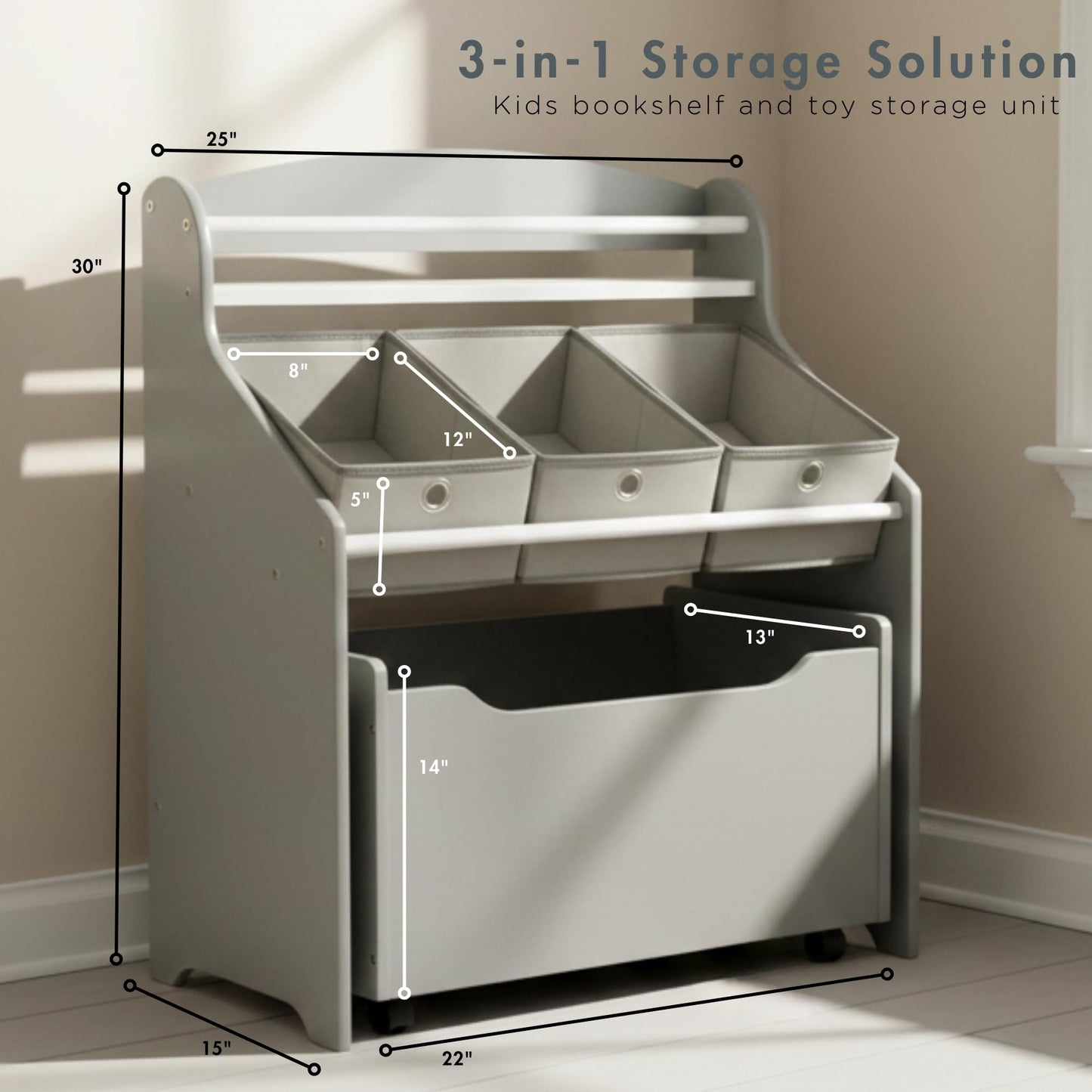 Humble Crew 3-in-1 Kids Bookshelf and Toy Storage Organizer, Grey - Toddler Organizers with Rolling Toy Box and 3 Fabric Bins – Sturdy Baby Book Shelf, Perfect for Nursery and Playroom