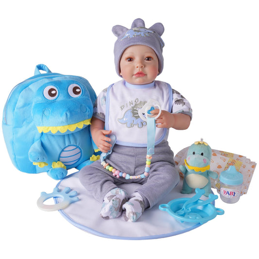 BABESIDE Baby Doll Accessories for 17-22 Inch Dolls – 18 Piecs Dinosaur Reborn Baby Doll Accessories Set with Baby Doll Clothes, Backpack, Feeding Set, Birthday Gift for Boys & Girls,No Doll