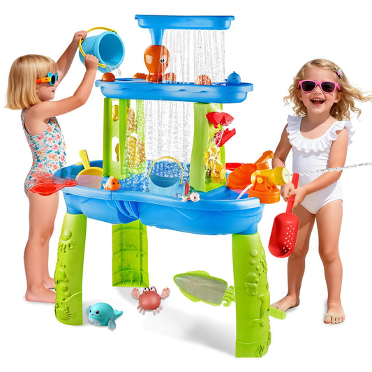 Vahlbeste Water Table for Toddlers 1-3, Kids Water Table, 3-Tier Water Tables for Toddlers 3-5 Features Swimming Dolphins & Crabs, Rain Showers Splash Pond, Activity Sensory Play Table for Boys Girls