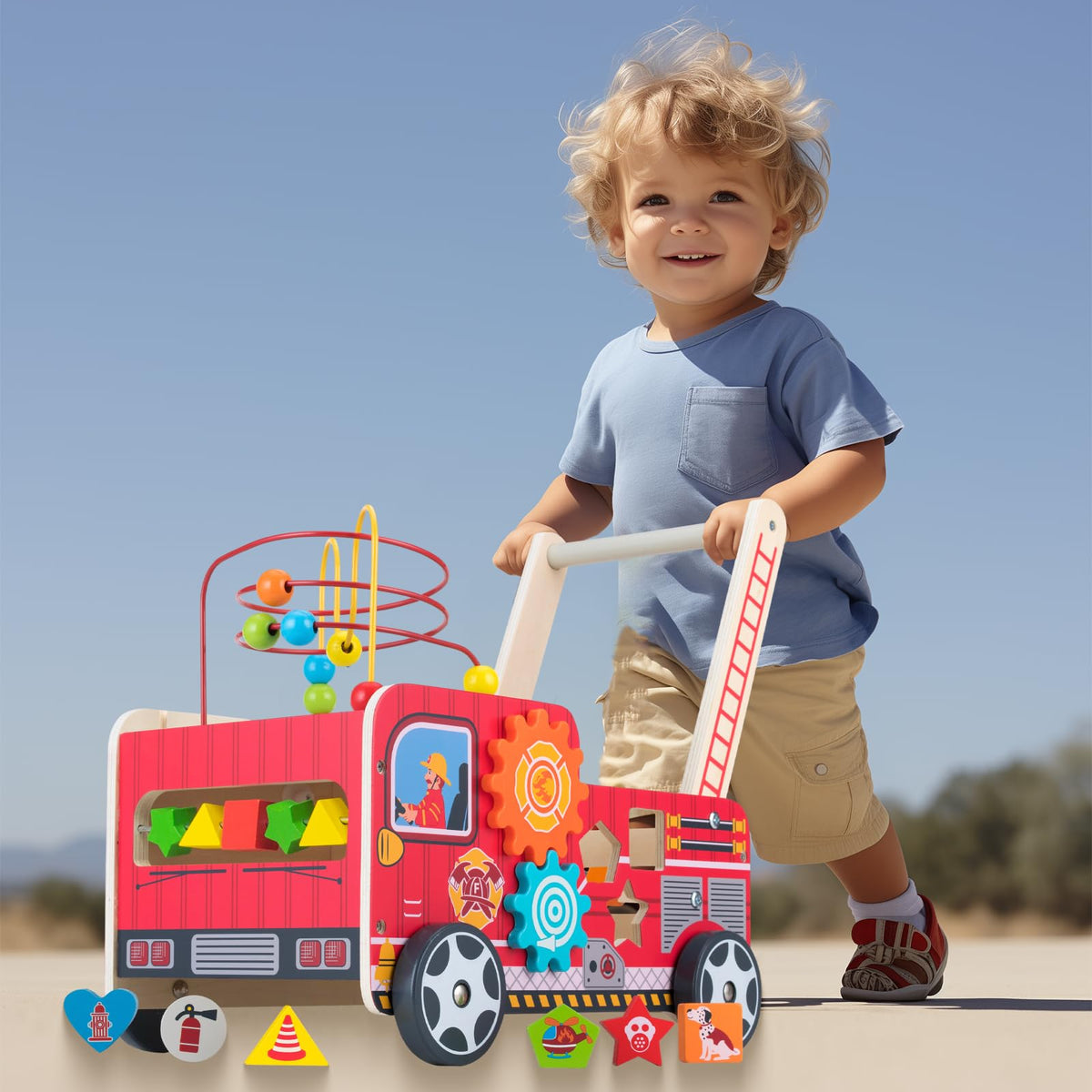 Wooden Baby Walker with Bead Maze for 1 Year Old and up, Wood Push Toy for 12 Month, Toddle Cart with Blocks