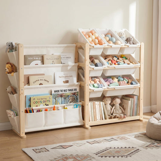 Fodoss Book Shelf for Kids Rooms - Toy Storage Organizer with Bookshelf, Solid Wood Kids Bookshelf with 7 Bins, Side Storage Pockets, Large Toy Organization for Nursery, Natural Pine