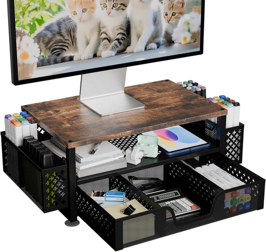 2 2-Tier Simple Trending Desk Organizers and Accessories, Computer Monitor Stand Riser with Drawer and Pen Holders