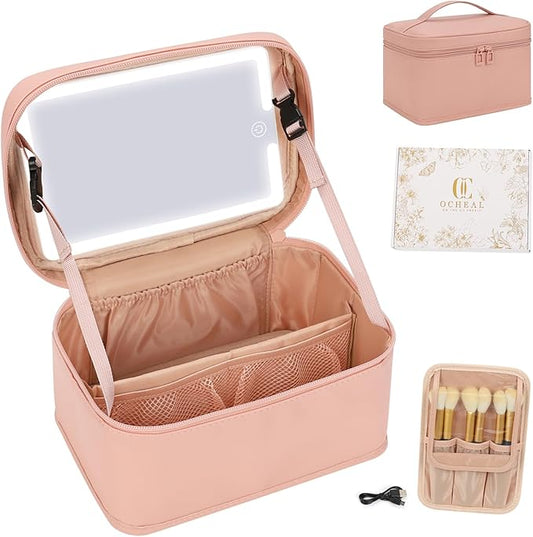 Makeup Bag With LED Mirror, Lightweight Travel Makeup Bag With 3 Color Setting Light Up Mirror Cosmetic Organizer Vanity Case for Women Beauty Tools Accessories Rechargeable Makeup Train Case-Pink