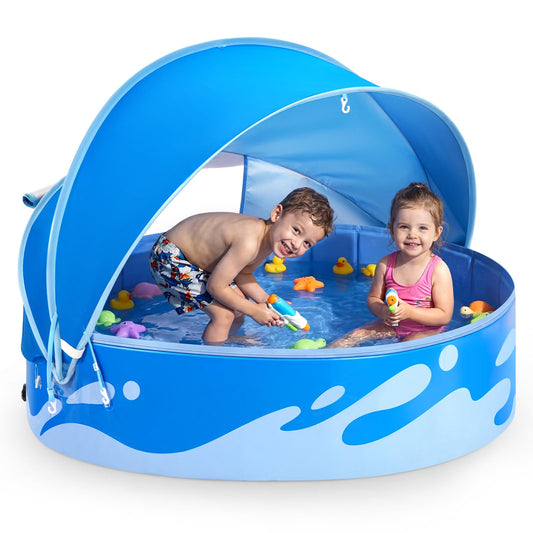 Peradix Paddling Pool for Kids and Dogs, 48" Portable Baby Pool with Canopy for Toddlers Summer, Foldable Kiddie Tent with Sun Shade Outside Water Toys for Backyard Beach, Easy Setup & Carrying Bag