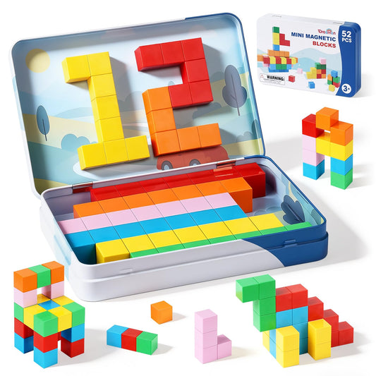 52 PCS Magnetic Blocks with Metal Box, 0.8in Mini Building Cubes Protable Travel Airplane Classroom Toys for Kids Ages 3+, STEM Educational Building Set for Toddlers Boys & Girls Birthday Gifts