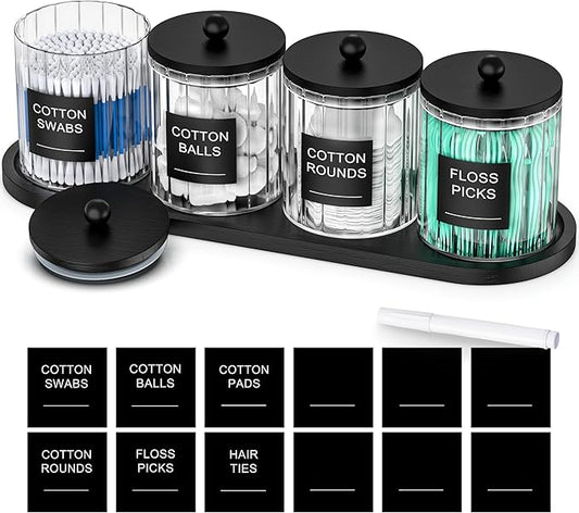 masadi 4 Pack Glass Qtip Holder Set with Tray- Bathroom Countertop Set Organizers, Cotton Round Swab Holder Dispenser Cotton Ball Holder, Apothecary Jars with Lids, Floss Pick Containers - ms Black