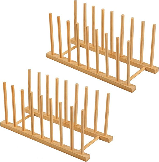 HBlife 2pcs Heighten and Widen Bamboo Dish Dying Rack Pot Lid Plate Organizer Holder for Cabinet, Cutting Board Stand Drainer Storage Plate Rack for Dish, Pot Lid, Bowl, Cup, Cutting Board and Books