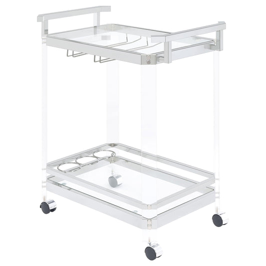 BOWERY HILL Bar Cart, Chrome Finish, Acrylic and Metal Frame with Glass Shelves, 35" H x 28.5" W x 17.25" D, Wine Bottle and Stemware Racks, Contemporary Style Serving Cart with Wheels