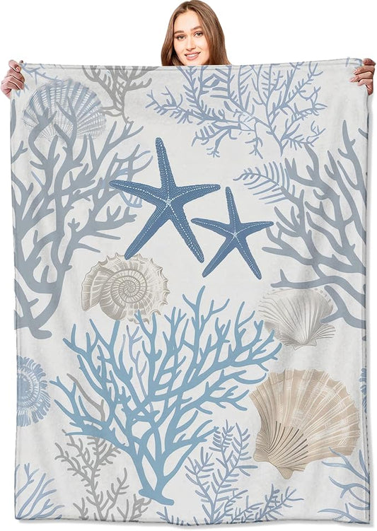 Nautical Coastal Blanket,Ocean Beach Seashell Starfish Throw Blankets,Gifts for Kids & Marine Life Lovers,Lightweight Soft Fleece,for Picnic Sofa Couch Bed Room Travel,Birthday Decor,60x80in