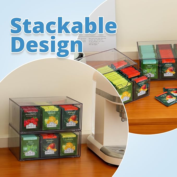 CLUQMEIK 2 Large Acrylic Tea Bag Organizer, 9 Grids Tea Organizers and Storage with Acrylic Drawers Stackable, Teabag Holder Organizer for Counter Countertop Kitchen Cabinet