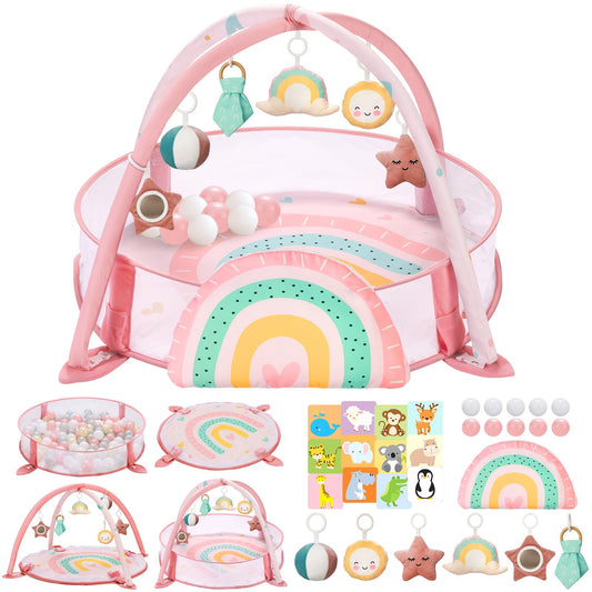 7-in-1 XL Large Baby Play Gym Mat, Tummy Time Mat, Baby Gym & Ball Pit, Baby Activity Mat with Milestone Cards & 6 Detachable Toys for Sensory Motor Skill, Rainbow