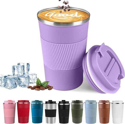 YINBAOGE Insulated Travel Coffee Mug, Spill & Leak Proof, Portable To Go Camping Stainless Steel Coffee Tumbler, Reusable Thermal Coffee Cup with Lid for Hot & Cold Drinks (Purple, 12 OZ)