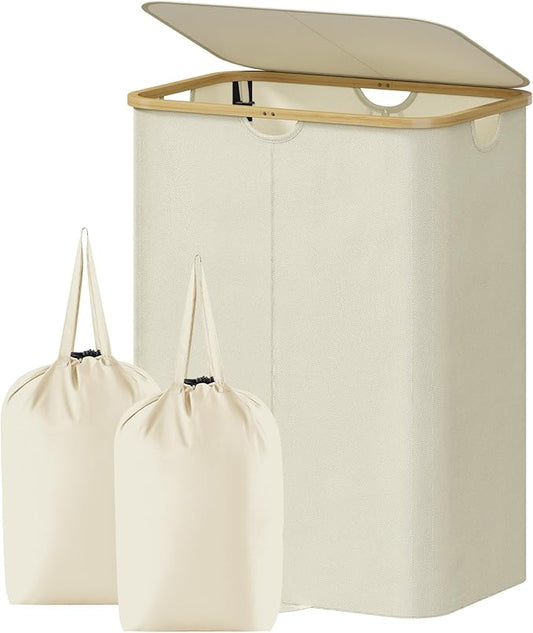 Lifewit 170L Double Laundry Hamper with Lid, Large Laundry Basket with Removable Bag & Bamboo Handles, Fodable Tall Dirty Clothes Hamper for Laundry Collapsible Bin for Bathroom Bedroom Dorm, Beige