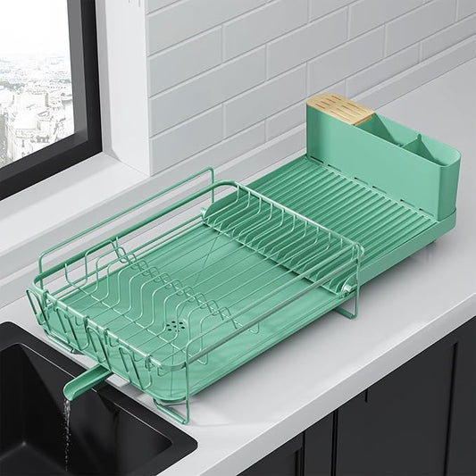 Kitsure Large Dish Drying Rack - Extendable Dish Rack, Multifunctional Dish Rack for Kitchen Counter, Anti-Rust Dish Drainers with Cutlery & Cup Holders 19.2"-26.7" L x 12.9" W, Green