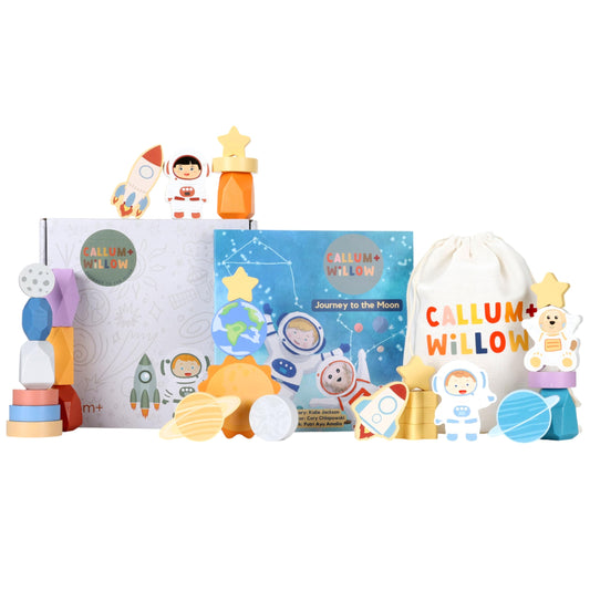 Toddler 30 Piece Stacking Wood Blocks Space Gift - Montessori 2 Year Old Fine Motor Skills Toy Learning Stacking Shape Sorter Sensory Preschool Busy Journey to the Moon (Book and Block Set, Wood)