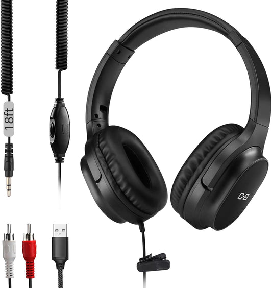 18 5.5M 3.5mm Ft / Extra Long Cord Headphones for TV & PC with Volume Control, Extension Spring Coiled Cord, AUX