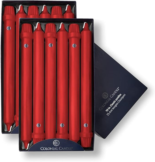 Colonial Candle Unscented Taper Candle, Classic Collection, Red, 10 in, Pack of 12 - Up to 8 Hours Burn