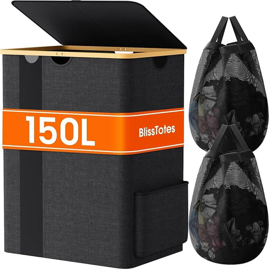 BlissTotes Laundry Basket with Lid, 150L Clothes Laundry Hamper with Handles and 2 Removable Laundry Bag, Breathable Design Hamper with Lid for Bedroom, Bathroom, Dorm, Laundry Room - Dark Grey