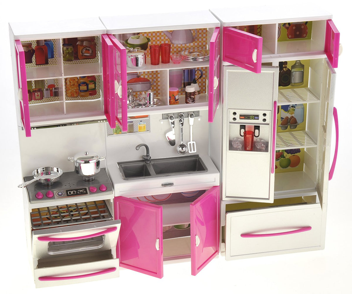 PowerTRC Doll Kitchen Play Set, Mini Modern Toy Kitchen Pretend Play Furnitures Toy Set Accessories Set with Realistic Light & Sound for Kids Toddlers Girls (3-in-1)