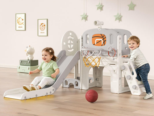 BIERUM 9 in 1 Toddler Slide Set - Baby Slide for Toddlers 1-3 with Ring Toss and Basketball Hoop, Indoor Outdoor Toddler Playset Playground Beige Gray
