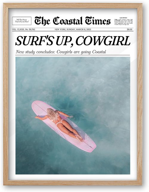 iHery Coastal Cowgirl Wall Art Decor - Natural Oak Framed Canvas, 16x20in Retro Design for Bedroom & Living Room