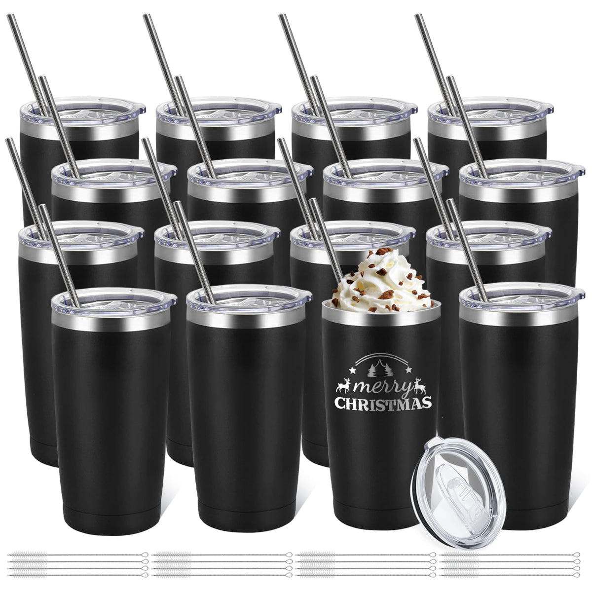 YOUKE OLA 16 Pack Stainless Steel Tumbler Bulk Insulated Vacuum Travel Mug Powder Coated Coffee Mug Gift for Laser Engrave, 20oz Black
