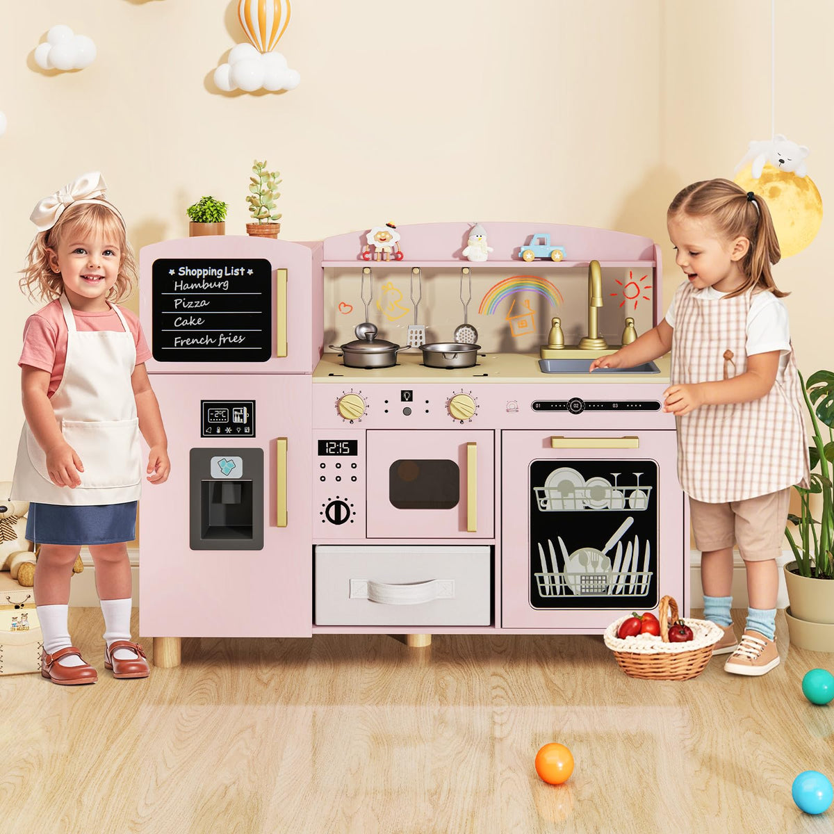INFANS Kids Kitchen Playset, Toddler Wooden Pretend Cooking Toy Set with Acrylic Drawing Board Ice Machine Dishwasher Cloth Drawer Stove Removable Sink Simulation Play Kitchen for Boys Girls