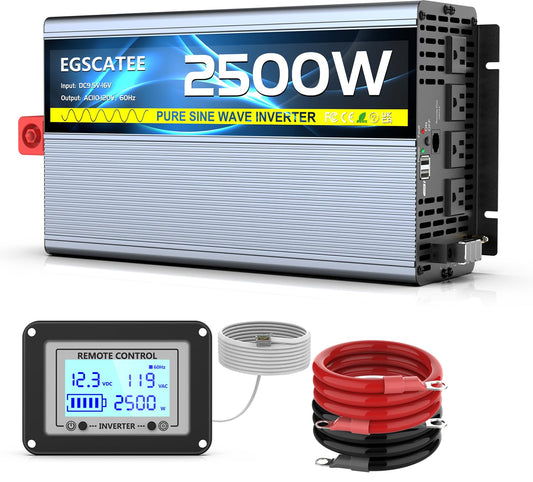 12V 2500W Pure Sine Wave Inverter 12V DC to 110V/120V AC Converter with 4AC Outlets, 5V/3.4A USB, Remote Control with on-Screen Display, Off-Grid Solar Power Inverter for Truck, Home, Vehicles, RV