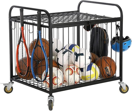 MyGift Large Capacity Metal Rolling Multi Sports Ball Cage Storage Hopper, Gym Equipment Basket Cart with Lockable Latch, Heavy Duty Caster Wheels, and 8 Accessory Hooks