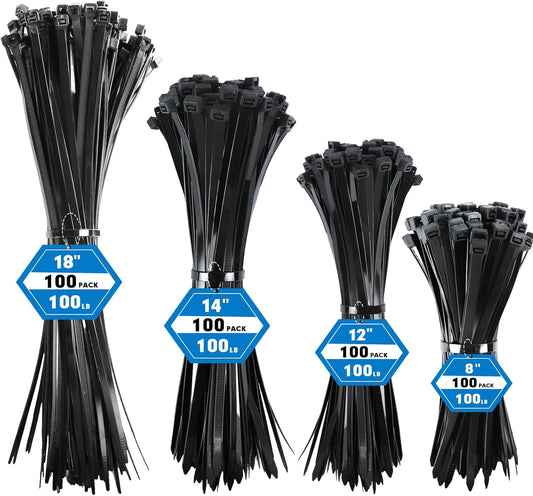 400 Pack (8+12+14+18Inch) 100lb Zip Ties Assorted Sizes, RAZCC Black Cable Ties, Self-Locking Plastic Wire Ties