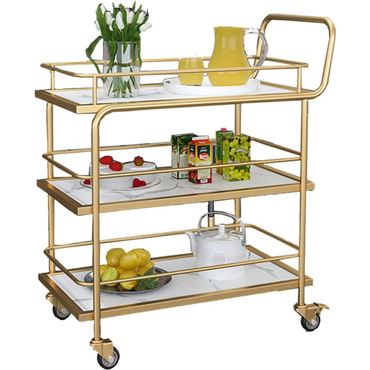 3-Tier Bar Cart with Wheels, Gold Metal Frame with Marble Pattern Shelves, Rolling Serving Trolley with Lockable Casters, Kitchen Living Room Storage Cart, 27x15x34 Inches