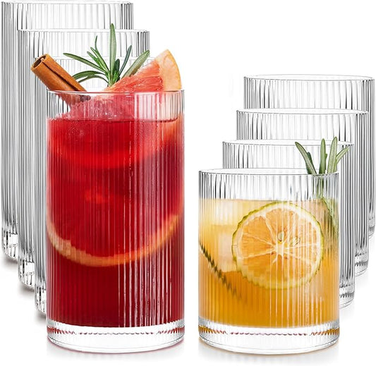 LUNA & MANTHA Drinking Water Glasses Set, Lead-Free Crystal Highball Glass, Tall Glass Cups for Cocktail Parties,ribbed set of 8,17oz&12oz
