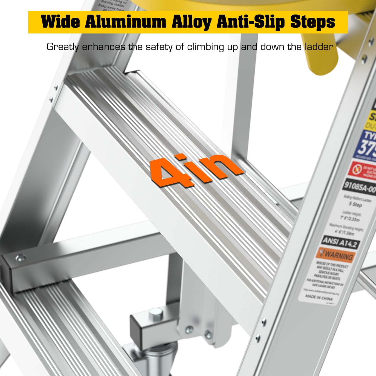 WIILAYOK 4 Step Ladder Aluminum Rolling Platform Ladders with 360° Guardrail System, Industrial Safety Non-Slip Rolling Ladder with Wheels for Warehouse, Garage, 375 lbs Capacity