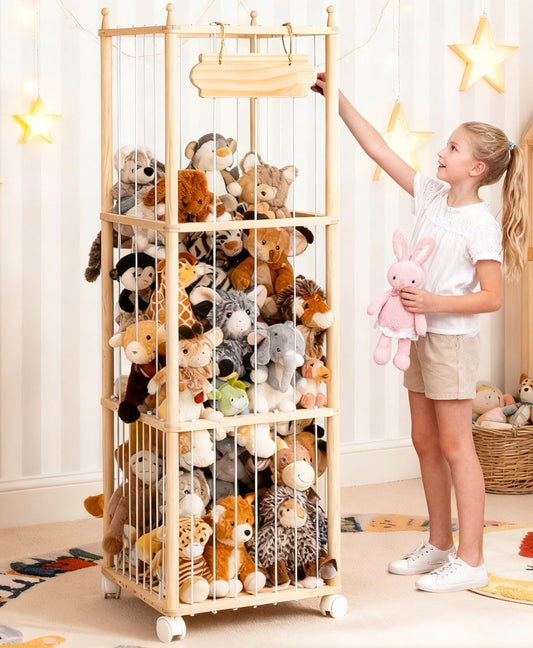 Stuffed Animal Toy Storage - Wooden Large Organizer Holder for Kids' Room and Playroom - Plush Zoo Animals Holder with Elastic Cords & Brake Wheel for Toddler Bedroom Toys Stuff Organization