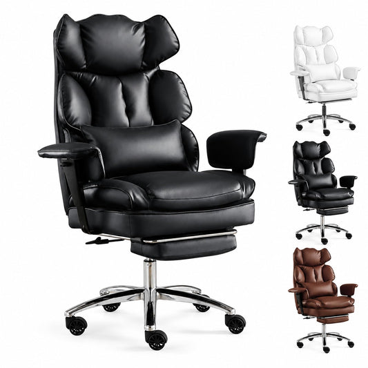 Big and Tall Ergonomic Office Chair with Footrest, Executive High Back PU Leather Desk Chair, Reclining Computer Chair with Adjustable Lumbar Support and Armrests, Swivel Rolling Gaming Chair, Black