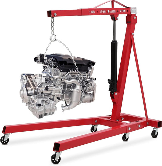 2-Ton Folding Engine Hoist Cherry Picker 4400 Lb Capacity Hydraulic Shop Crane with Telescoping Boom 6 Caster Wheels for Automotive Repair Garage Use Includes Hitch and Storage Stand Red