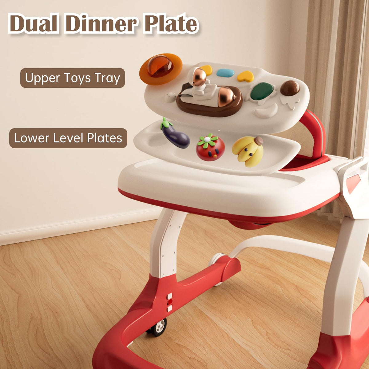Baby Walker with Wheels Music and Lights with 9 Adjustable Heights Anti-Fall Baby Walker and Bouncer Combo for Boys Girls Babies 6-18 Months (Red and White)