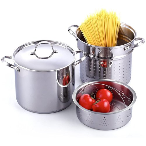 Cooks Standard Pasta Pot 18/10 Stainless Steel 12 Quart, Spaghetti Cooker Steamer Stock Pot Multipots with Strainer Insert, Stainless Steel Lid, 4-Piece Set