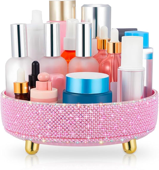 Honeydak 360 Rotating Perfume Organizer Gift for Women, Rhinestone Preppy Skincare Organizer Bathroom Counter Makeup Holder Skincare and Perfume Storage for Cosmetic(1 Tier,Pearl,Pink)
