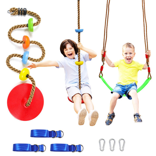 Tree Swing Climbing Rope 2 Pack Multicolor with Platforms Red Disc Swings Seat - Outdoor Playground Set Accessories Tree House Flying Saucer Outside Toys - Bonus Carabiner and 4 Feet Strap
