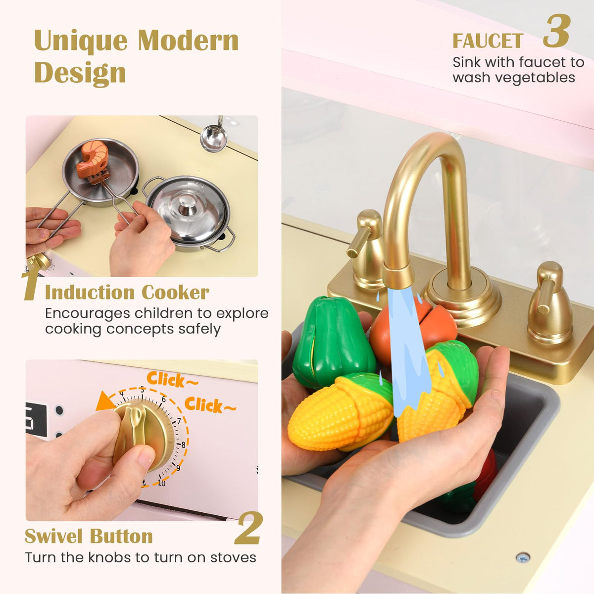 INFANS Kids Kitchen Playset, Toddler Wooden Pretend Cooking Toy Set with Acrylic Drawing Board Ice Machine Dishwasher Cloth Drawer Stove Removable Sink Simulation Play Kitchen for Boys Girls