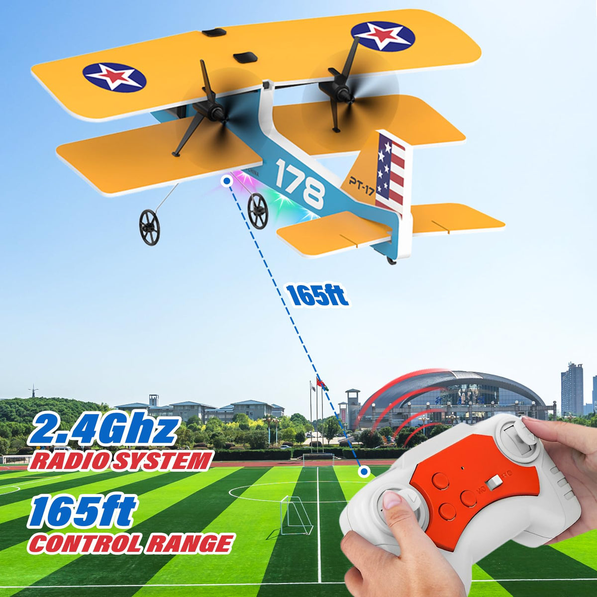 Toileum RC Plane, 2.4Ghz Remote Control Airplane with 3 Batteries & 6-axis Gyro Stabilizer, 2 Channel RTF PT-17 RC Toy, Easy to Fly for Beginners Kids Boys Girls Adults (Yellow)