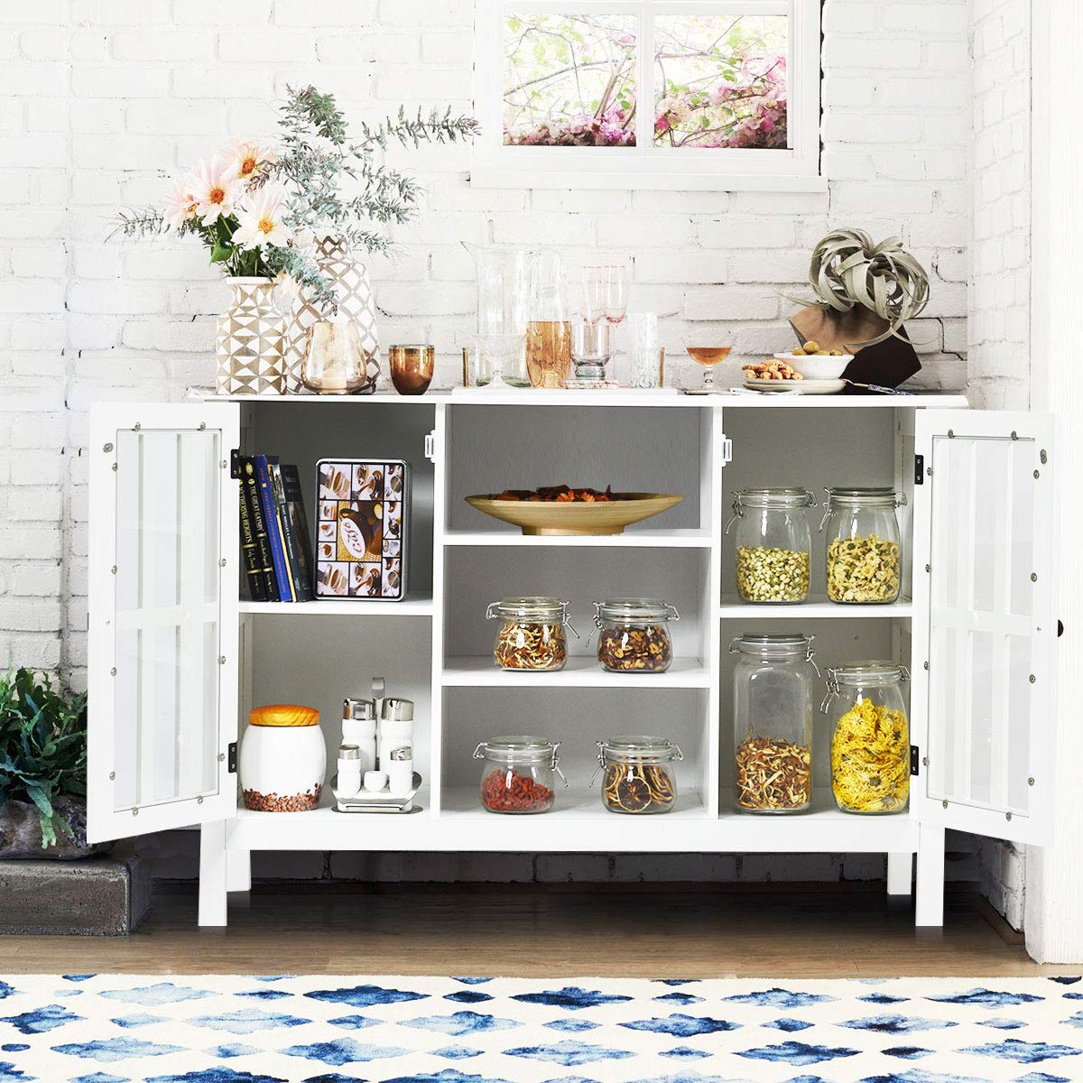 Tangkula White TV Stand, Modern Tall Entertainment Center for TVs up to 50", Media Console w/2 Storage Cabinets & 3 Open Shelves, Wire Hole, Wood TV Console Table for Living Room, White