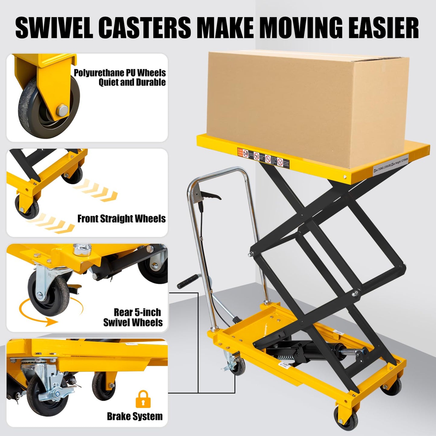 Hydraulic Lift Table Cart, 330lbs Capacity 49.6'' Max Lift, Double Scissor Lift Table w/4 Wheels & Non-Slip Pad, Heavy Duty Hydraulic Platform Lift Cart for Warehouse, Shop, Garage Material Handling