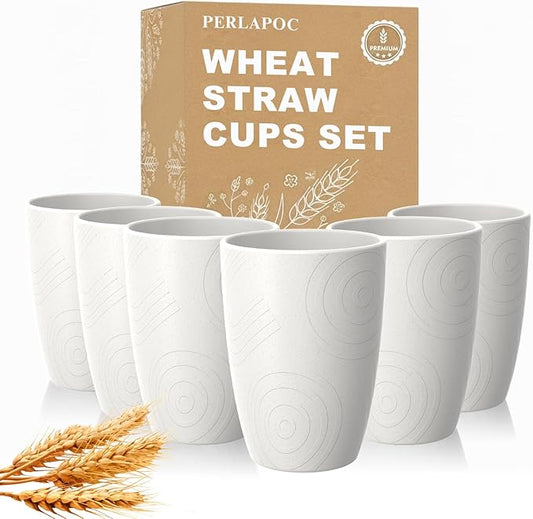 Wheat Straw Unbreakable Drinking Cups, 12 OZ Tumbler Set of 6, Lightweight Reusable Cups, Reusable Cups Alternative to Plastic, Dishwasher Safe Tumbler for Kitchen, Camping, RV, White