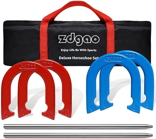Horseshoes Outside Game Set-Portable Outdoor Horseshoe Set Includes 4 Professional Solid Steel Horseshoes with Solid Steel Stakes & Carrying Bag, Perfect for Backyard and Beach