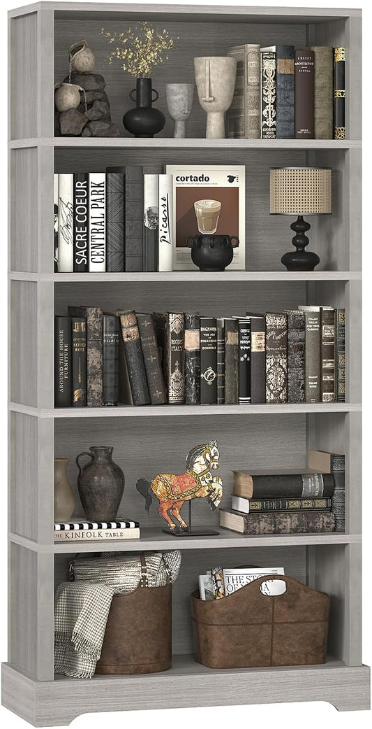 TVU 5-Tier Wooden Bookshelf, 65" Tall Farmhouse Style Open Bookcase, 31.5" W Standing Book Shelf with Storage, Suitable for Study, Living Room, Office, Grey