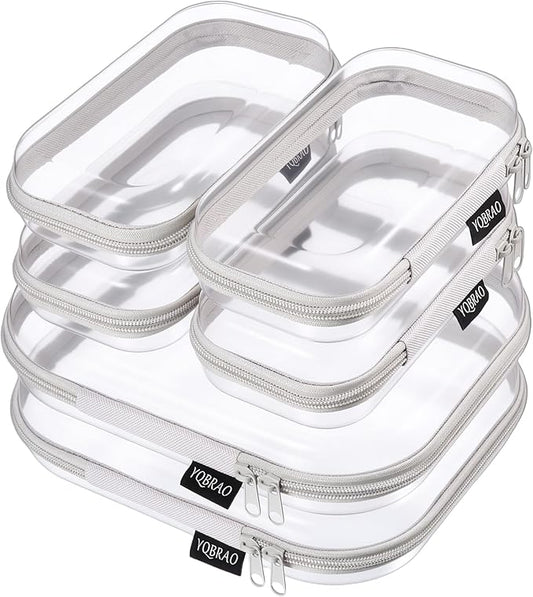 6 Pack Gray Clear Hard Shell Beauty Organizer (2M+4S), 1.2mm Heavy Duty Crush-Proof Cosmetic Case, Reinforced YKK Zippers, Stadium Approved Security Bag for Skincare & Electronics, Multi-Size Set